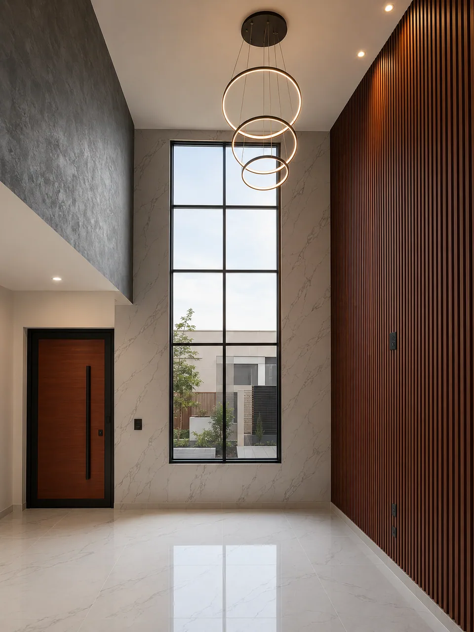 Interior con candelabro bajo cristal arquitectónico, proyecto de Grupo CAAAV