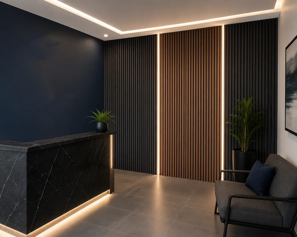 Sala de espera con lambrín decorativo instalado por Grupo CAAAV