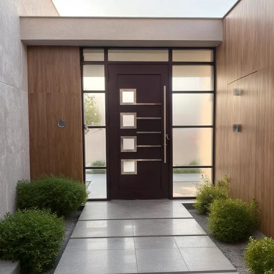 Puerta de aluminio con paneles de cristal, fabricación a medida de Grupo CAAAV
