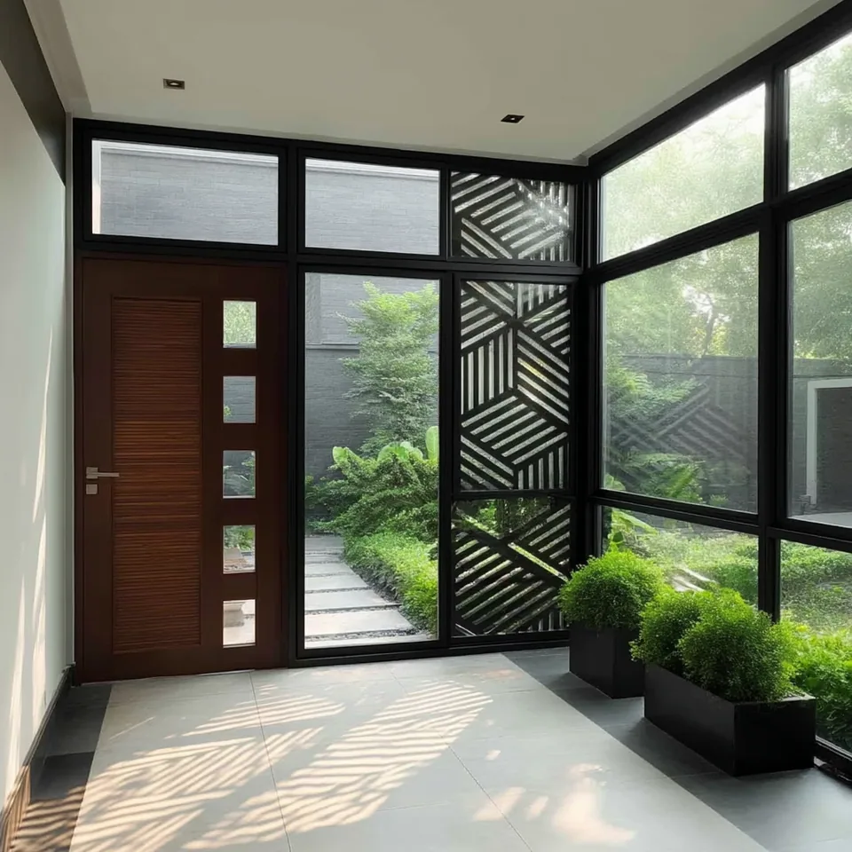 Puerta de aluminio con detalle de cubos de cristal, Grupo CAAAV