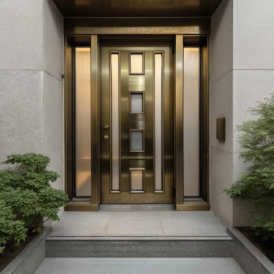 Puerta de aluminio en acabado dorado instalada por Grupo CAAAV