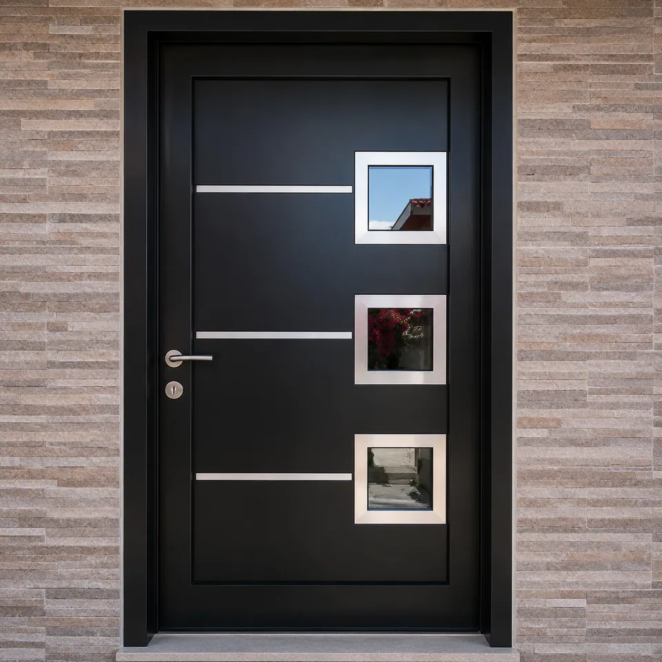 Puerta exterior de aluminio negro, fabricación e instalación de Grupo CAAAV
