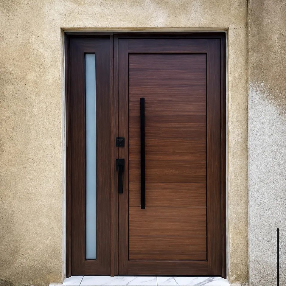 Puerta exterior con acabado tipo madera, instalación de Grupo CAAAV
