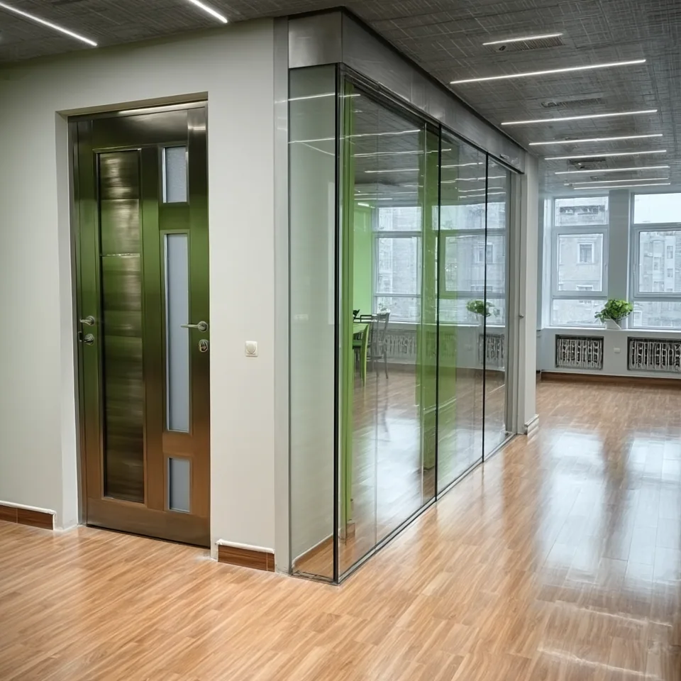 Puerta de aluminio en tono verde fabricada por Grupo CAAAV