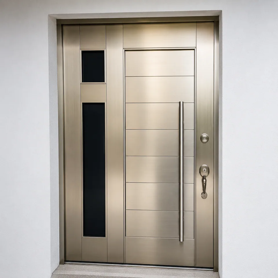 Puerta exterior de aluminio en tono verde, instalación de Grupo CAAAV