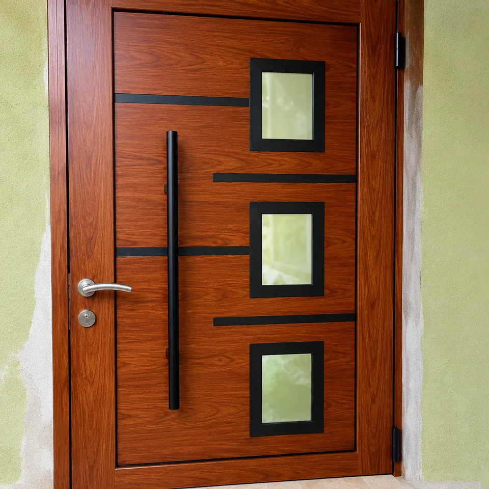 Puerta con acabado tipo madera y vidrios, fabricada por Grupo CAAAV