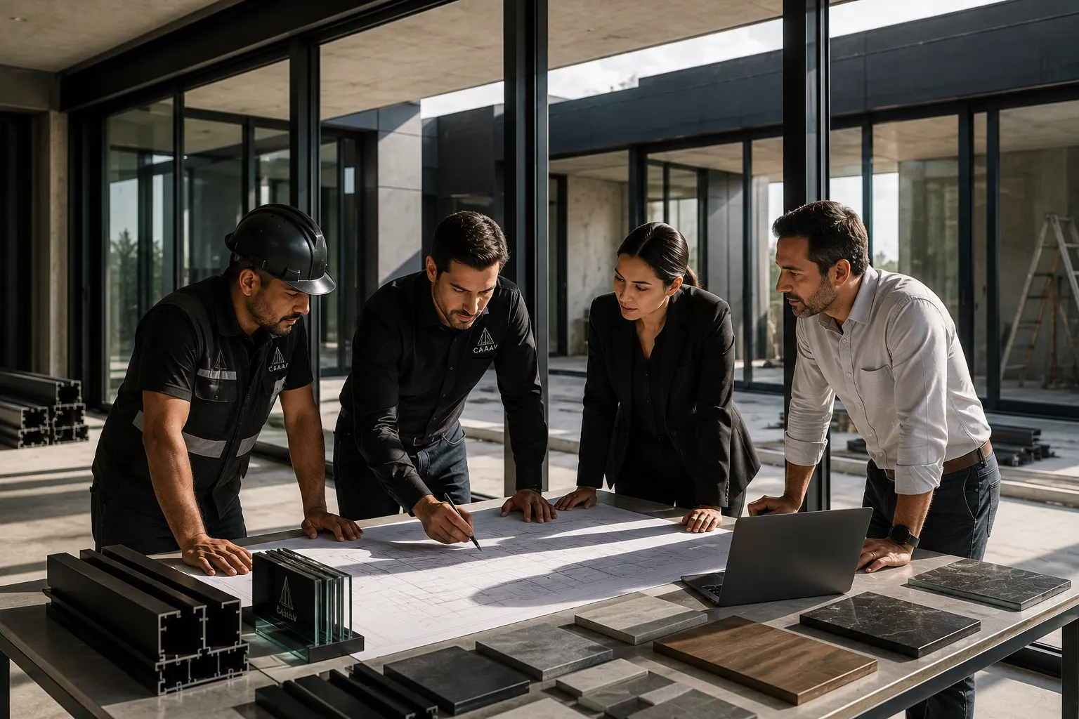 Equipo de Grupo CAAAV del Valle revisando perfiles de aluminio en Perote, Veracruz