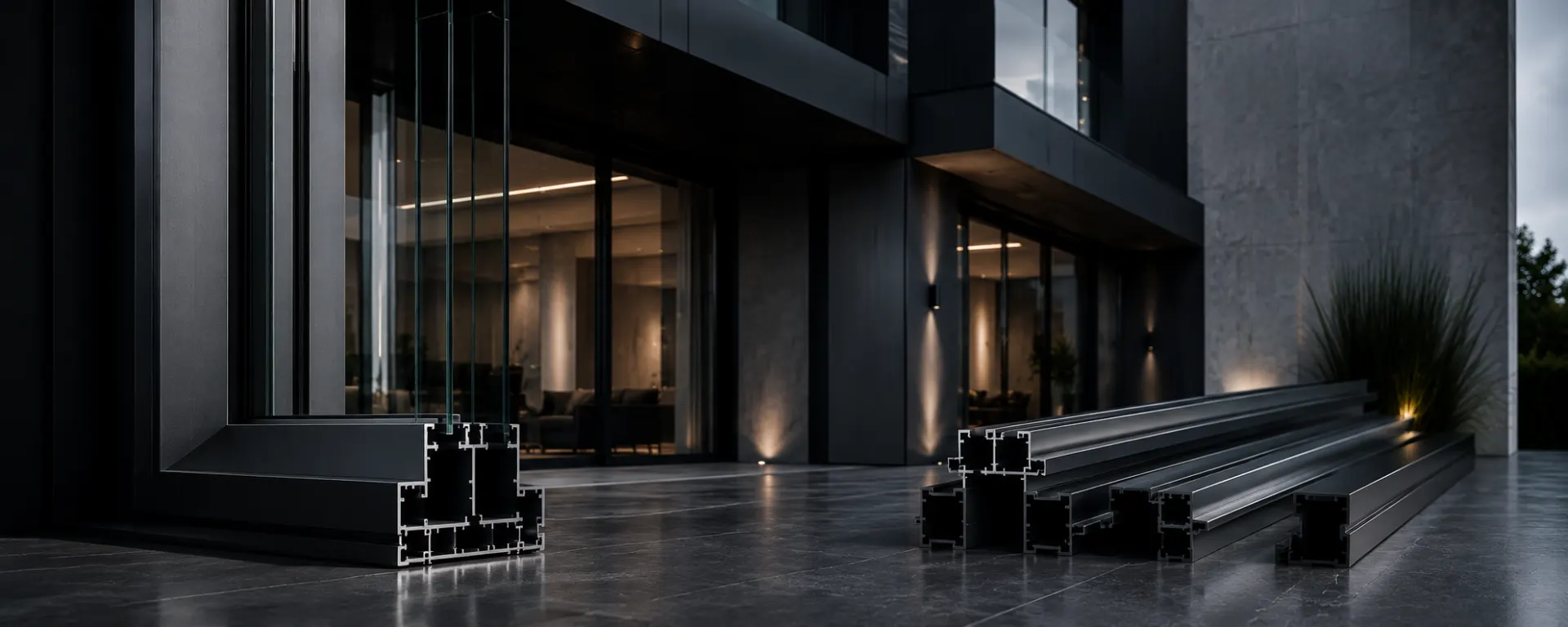 Fachada de aluminio y vidrio iluminada al atardecer por Grupo CAAAV