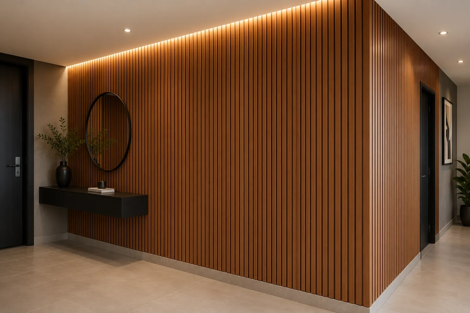 Pared forrada con lambrín de madera en recepción, Grupo CAAAV Veracruz
